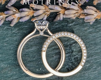 1ct Moissanite Engagement Ring Set Vintage Peekaboo Solitaire Ring 3D Diamond Stacking Ring Mixed Gold Color Bridal Ring Set Handmade Ring