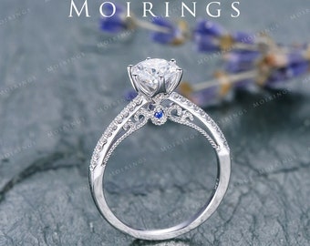 Moissanite Engagement Ring Unique Cathedral Setting Peekaboo Engagement Ring Vintage Moissanite Ring Milgrain Personalized Two Toned Style