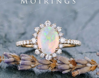 Opal Engagement Ring White Gold Floral Opal Ring Wedding Band Moissanite HALO Vintage Bridal Ring Art Deco Anniversary Gift for Women