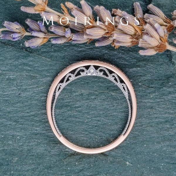 Vintage Peekaboo Filigree Wedding Band Floral Beaded Milgrain Diamond/Moissanite Stacking Ring Women Matching Band Birthstone Inner Design
