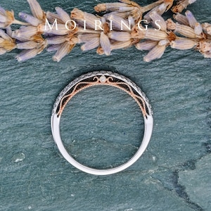Vintage White Gold Wedding Band Peekaboo Filigree Details Wedding Ring Diamond/Moissanite Ring Beaded Milgrain Flower Stacking Ring Women