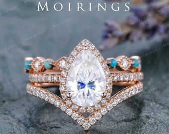 6x9mm Moissanite Ring Set Rose Gold Art Retro HALO Moissanite Engagement Ring Antique Turquoise Stacking Band Vintage Women Bridal Set 3pcs