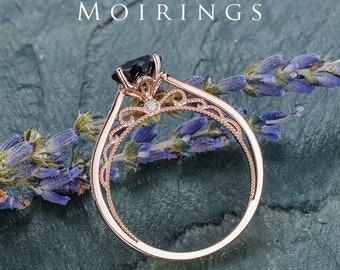 Black Rutilated Quartz Engagement Ring 14K Rose Gold Vintage Solitaire Women Ring Art Deco Black Rutilated Quartz Ring Milgrain Bridal Ring