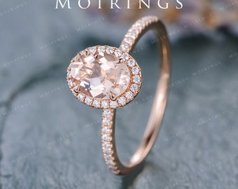 Natural Morganite Ring Oval Cut Rose Gold Engagement Ring Morganite Engagement Ring 6x8mm Diamond Halo Stacking Anniversary Gift Classic