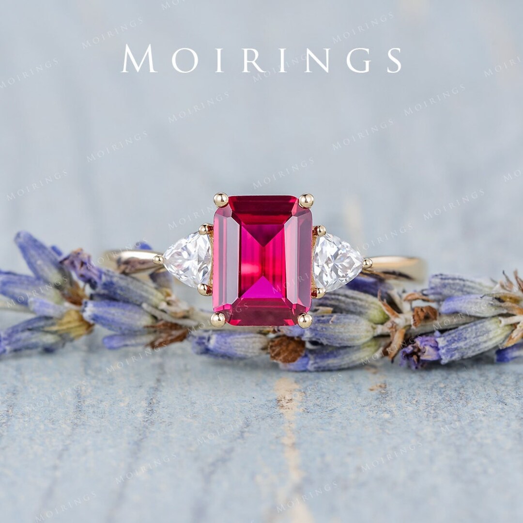 Lab Created Ruby Engagement Ring Emerald Cut Ruby Ring July Etsy