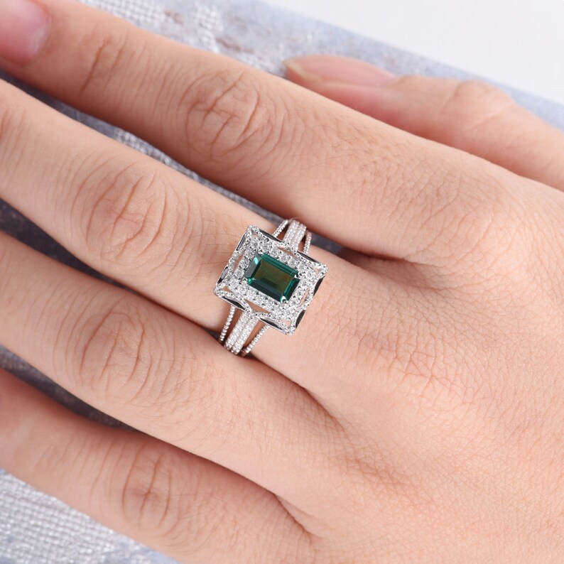 Lab Emerald Engagement Ring Emerald Cut White Gold Moissanite Etsy