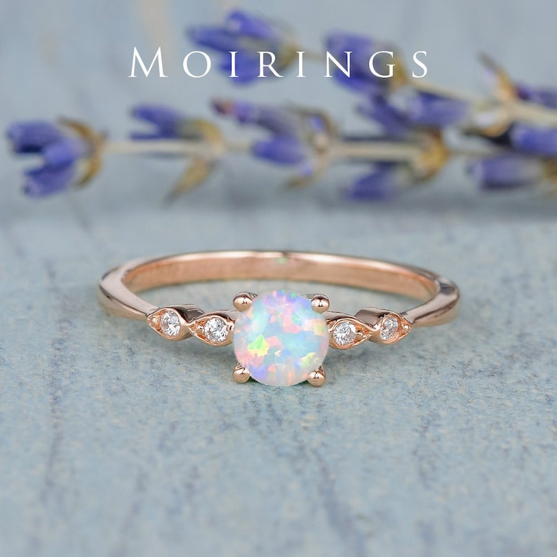Mini Natural Opal Engagement Ring Rose Gold Engagement Ring image 1