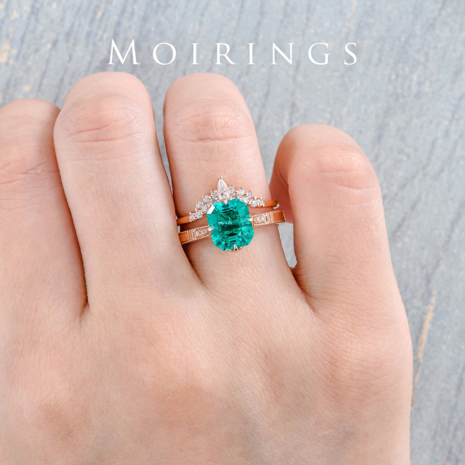 Lab Emerald Engagement Ring Set Simulated Emerald Antique Etsy