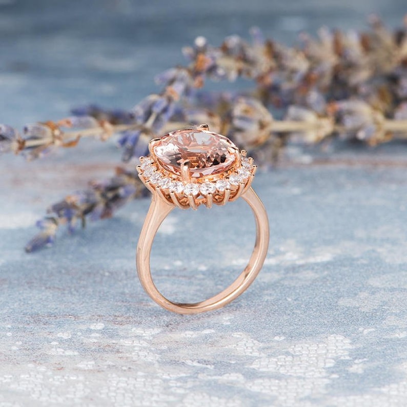 Engagement Ring Rose Gold Oval Cut Morganite Ring Diamond Halo | Etsy