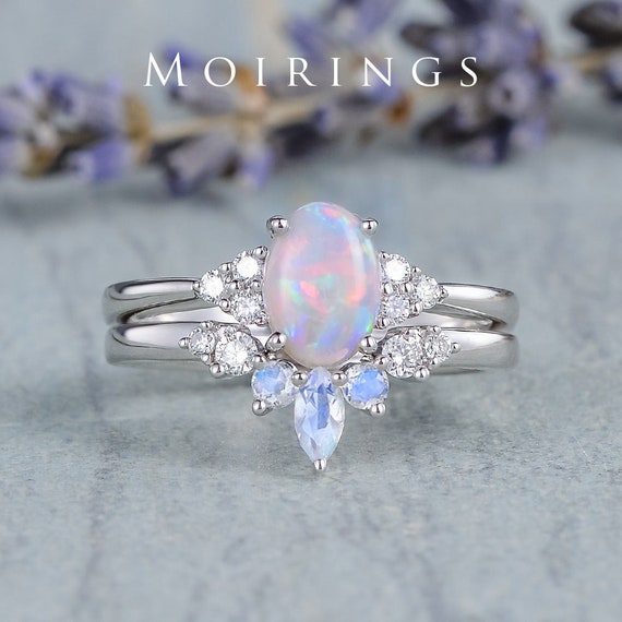 14k White Gold Oval Genuine Australian Opal Cabochon Beaded Ring 14k White Gold Oval Genuine Australian Opal Cabochon Beaded Ring