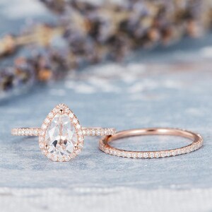 Rose Gold Engagement Ring Pear Shaped White Topaz Bridal Set Birthstone Ring Anniversary Promise Diamond Stacking Wedding Band Women 2pcs image 8