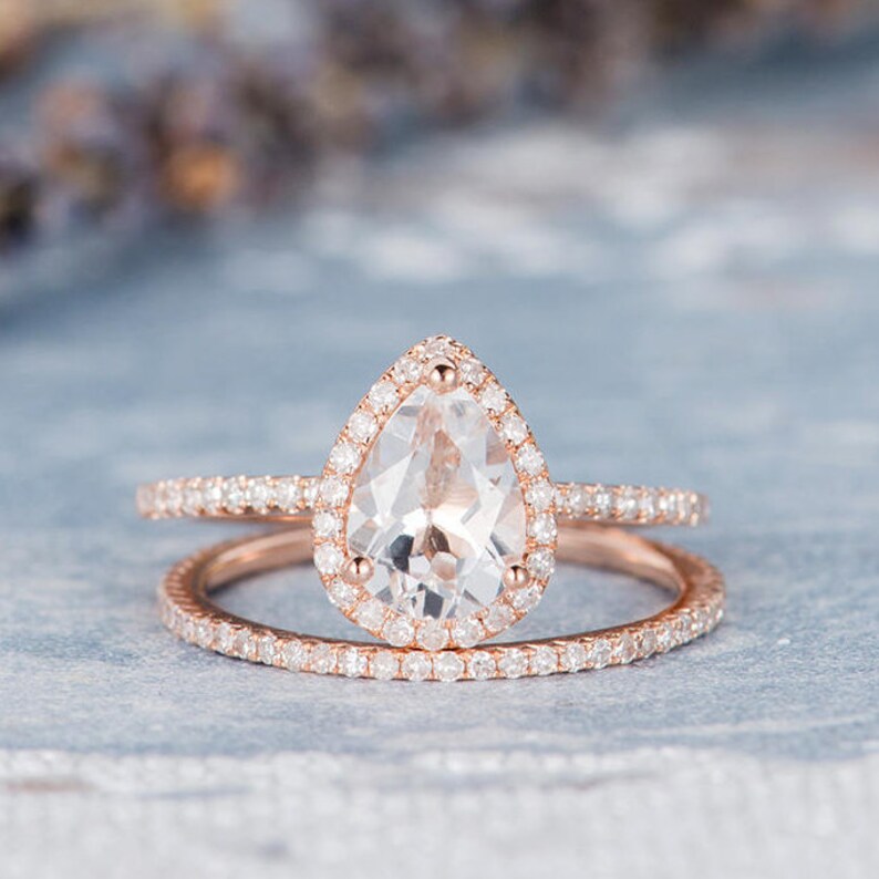 Rose Gold Engagement Ring Pear Shaped White Topaz Bridal Set Birthstone Ring Anniversary Promise Diamond Stacking Wedding Band Women 2pcs image 7