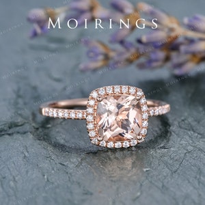 Morganite Engagement Ring Rose Gold Bridal Wedding Women Peachy Diamond Halo Anniversary Gifts For Her Cushion Cut Graduation Birthday Ring image 9