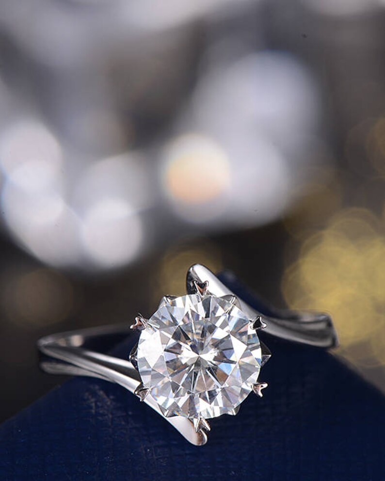 Moissanite Engagement Ring Unique White Gold Solitaire Wedding Etsy