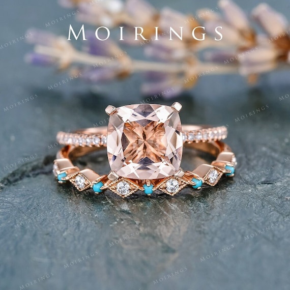 2CT Peachy Morganite Ring Set Rose Gold Turquoise Stacking Ring
