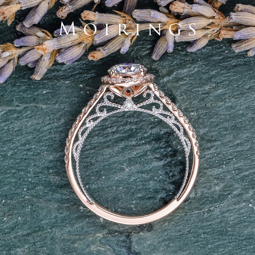 Peekaboo Moissanite Engagement Ring Diamond HALO Ring Vintage Etsy