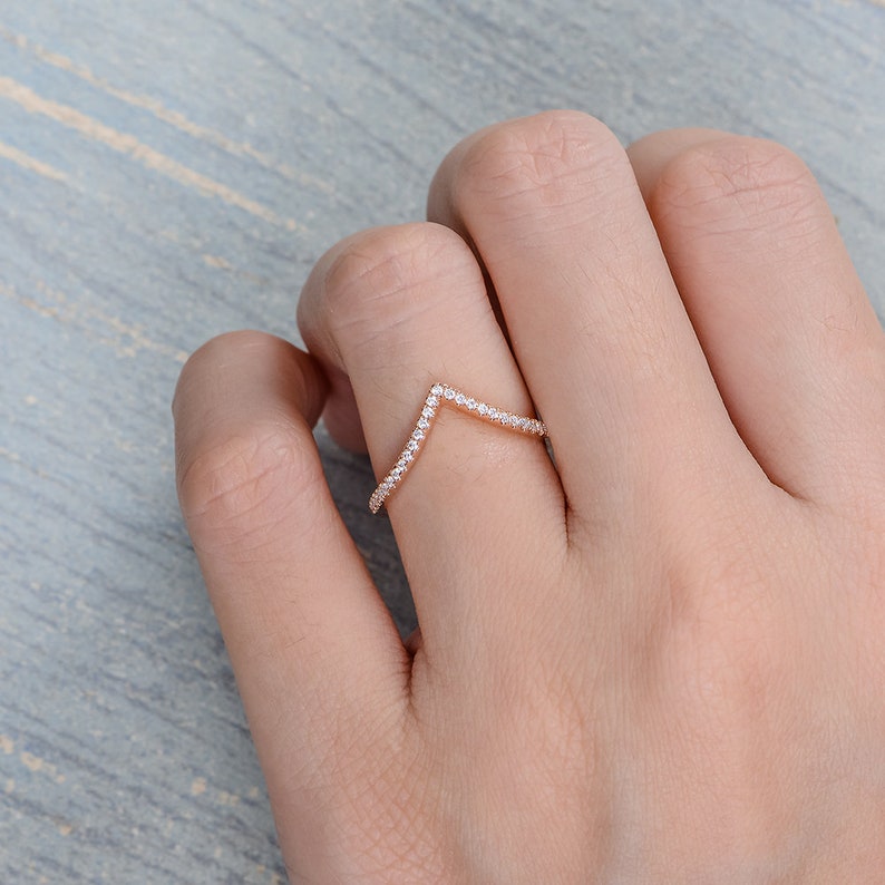 Custom Wedding Band Rose Gold Chevron Band Women V Shaped Curved Custom Fit Matching Band Half Eternity Stacking Mini Dainty Ring Enhancer image 10