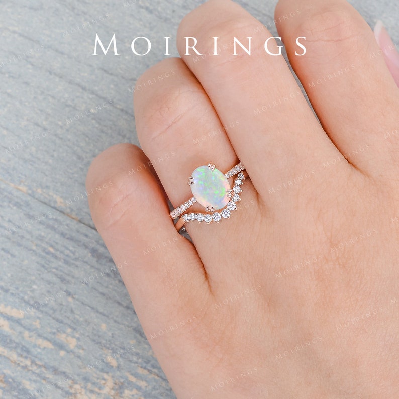 2ct Natural Opal Ring Set Rose Gold Oval Cabochon Opal Ring Chevron Diamond Band Birthstone Australia White Opal Solitaire Ring Set 2pcs image 9