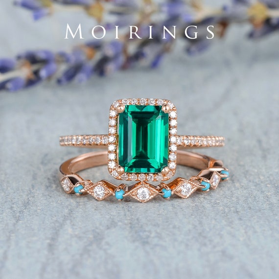 Lab Emerald Engagement Ring Set Wedding Ring Rose Gold Diamond - Etsy