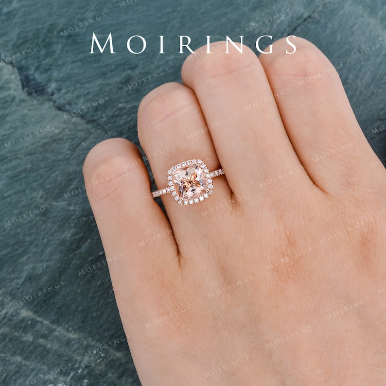 Morganite Engagement Ring Rose Gold Bridal Wedding Women Peachy Diamond Halo Anniversary Gifts For Her Cushion Cut Graduation Birthday Ring image 8