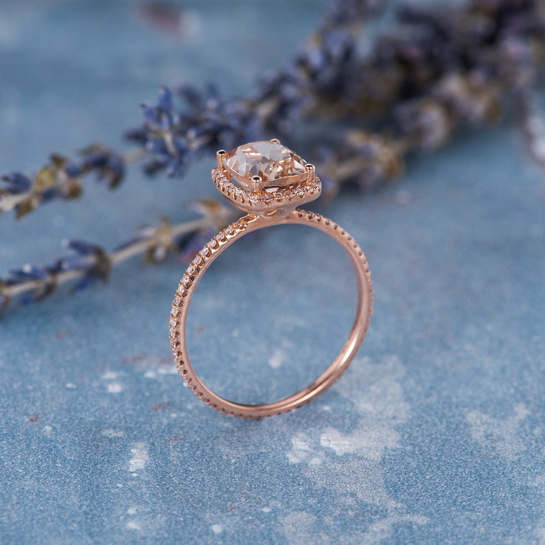 Elongated Cushion Cut Morganite Engagement Ring Rose Gold Engagement Ring Women Peachy Morganite Ring Diamond Full Eternity Gifts For Her image 5