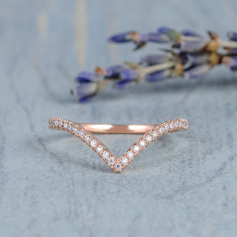 Custom Wedding Band Rose Gold Chevron Band Women V Shaped Curved Custom Fit Matching Band Half Eternity Stacking Mini Dainty Ring Enhancer image 1