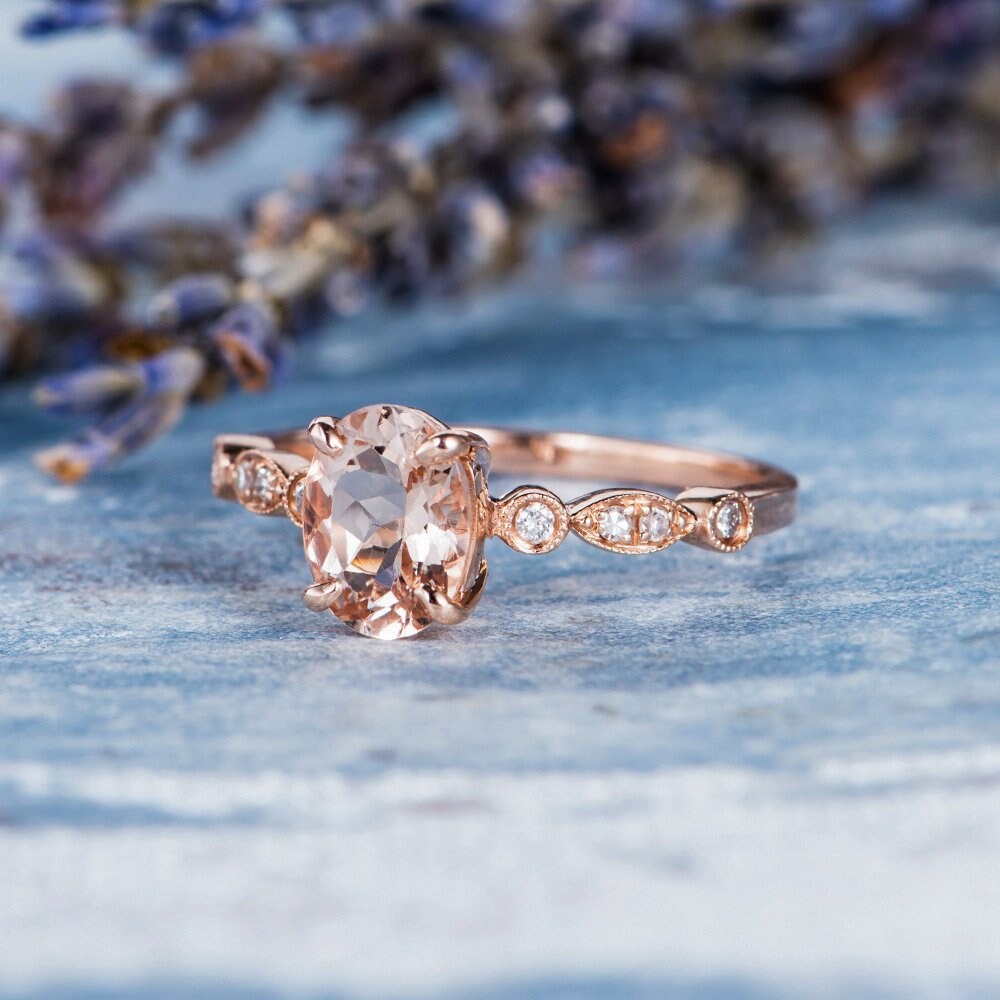 Art Deco Morganite Ring Oval Cut Rose Gold Engagement Ring | Etsy