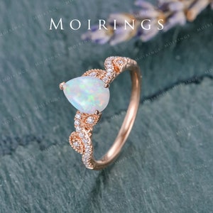 Antique Filigree Natural Opal Engagement Ring Rose Gold Pear Shape Filigree Opal Ring Floral Birthstone Australia White Opal Diamond Ring