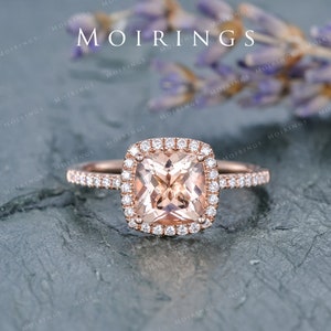 Morganite Engagement Ring Rose Gold Bridal Wedding Women Peachy Diamond Halo Anniversary Gifts For Her Cushion Cut Graduation Birthday Ring image 3