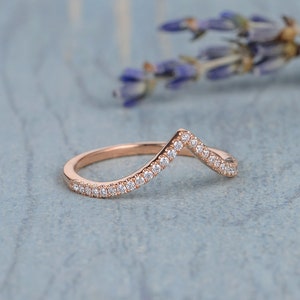 Custom Wedding Band Rose Gold Chevron Band Women V Shaped Curved Custom Fit Matching Band Half Eternity Stacking Mini Dainty Ring Enhancer image 2