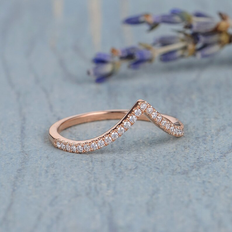 Custom Wedding Band Rose Gold Chevron Band Women V Shaped Curved Custom Fit Matching Band Half Eternity Stacking Mini Dainty Ring Enhancer image 2