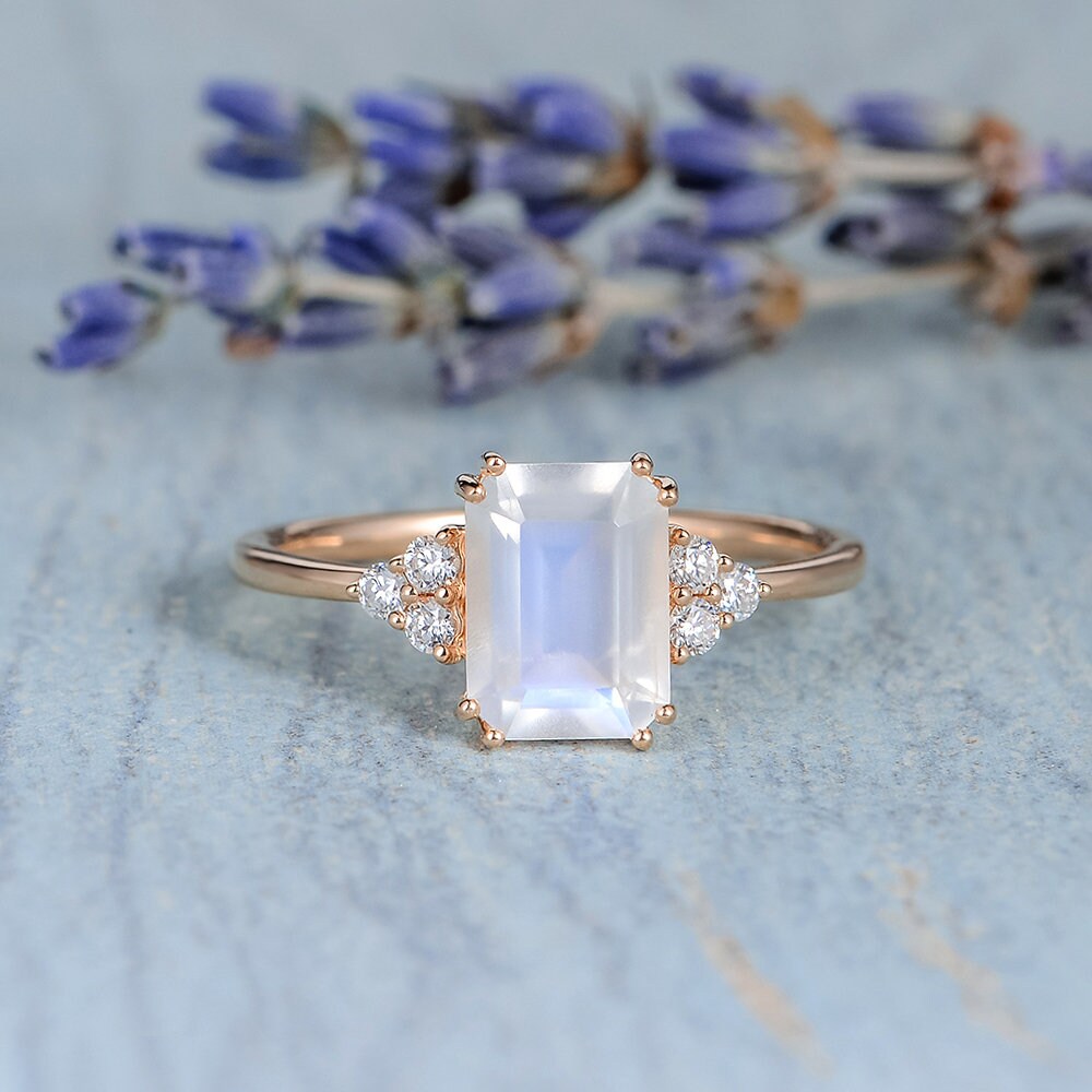 Emerald Cut Moonstone Engagement Ring Yellow Gold Cluster Etsy