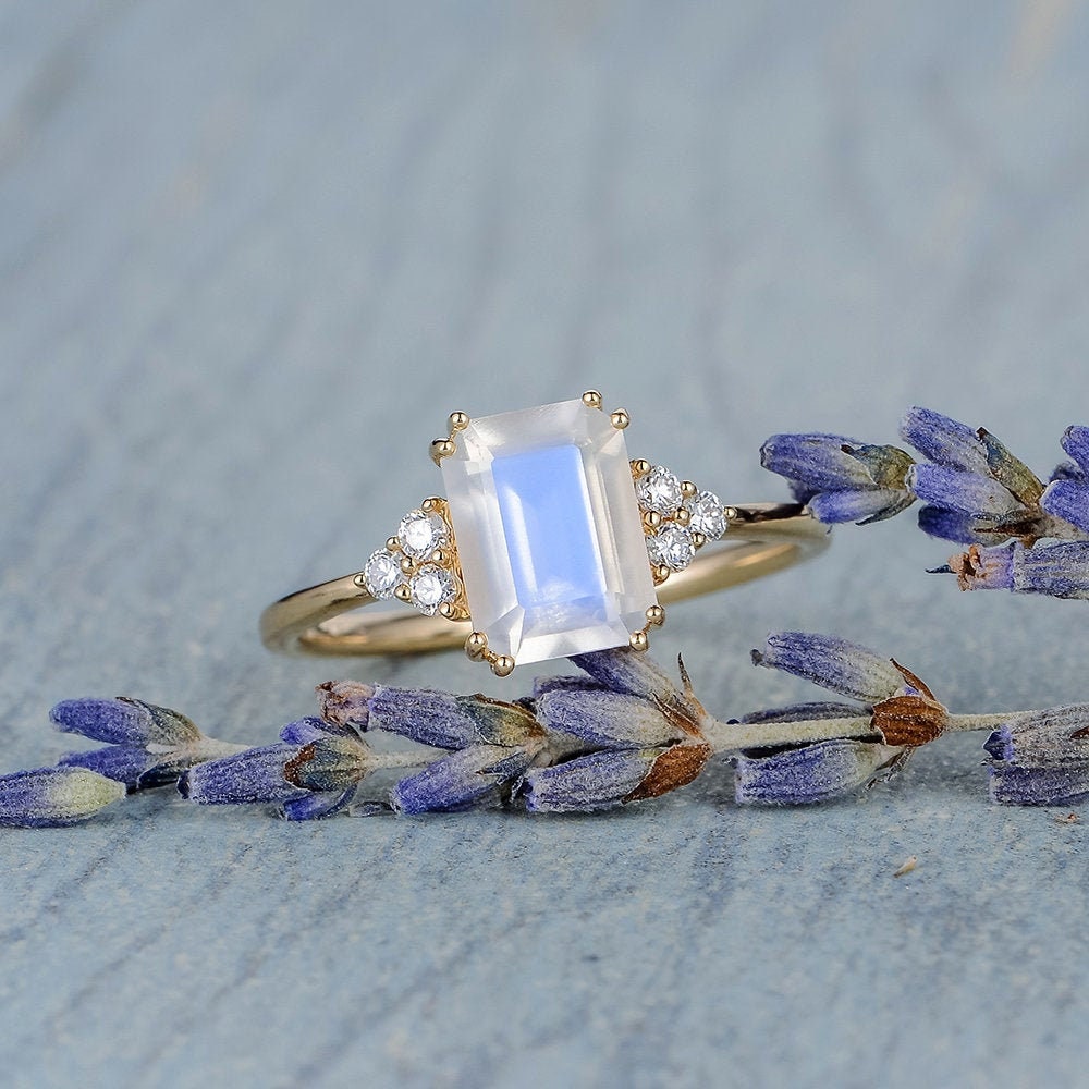 Emerald Cut Moonstone Engagement Ring Yellow Gold Cluster Etsy