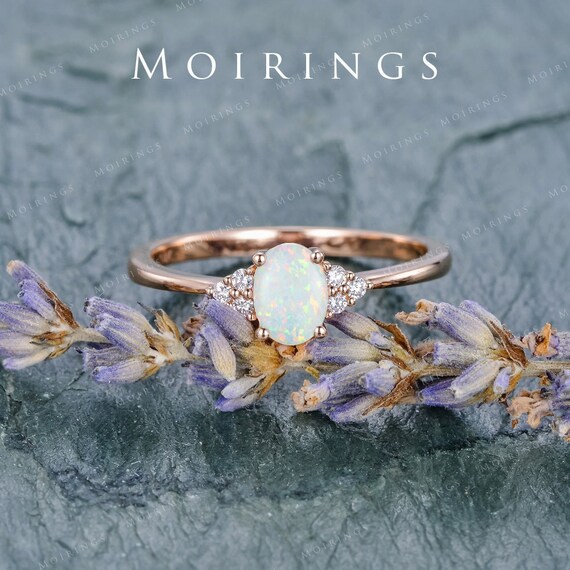 Natural Opal Engagement Ring White Gold Ring Oval Cabochon Opal