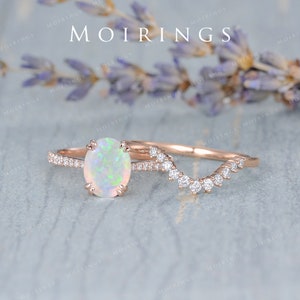 2ct Natural Opal Ring Set Rose Gold Oval Cabochon Opal Ring Chevron Diamond Band Birthstone Australia White Opal Solitaire Ring Set 2pcs image 6