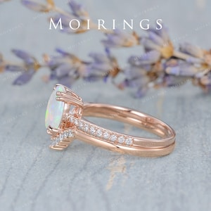 2ct Natural Opal Ring Set Rose Gold Oval Cabochon Opal Ring Chevron Diamond Band Birthstone Australia White Opal Solitaire Ring Set 2pcs image 4