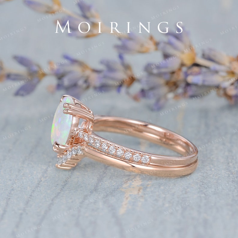 2ct Natural Opal Ring Set Rose Gold Oval Cabochon Opal Ring Chevron Diamond Band Birthstone Australia White Opal Solitaire Ring Set 2pcs image 4