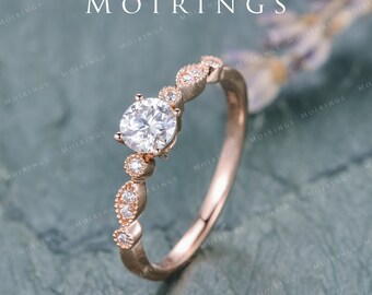 Rose Gold Moissanite Engagement Ring Art Deco Band Antique Wedding Bridal Half Eternity Ring Anniversary Promise Diamond Solitaire Engraving