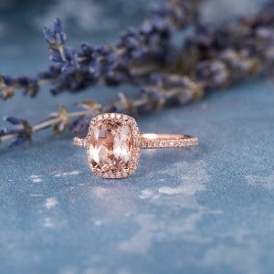 Elongated Cushion Cut Morganite Engagement Ring Rose Gold Engagement Ring Women Peachy Morganite Ring Diamond Full Eternity Gifts For Her image 3