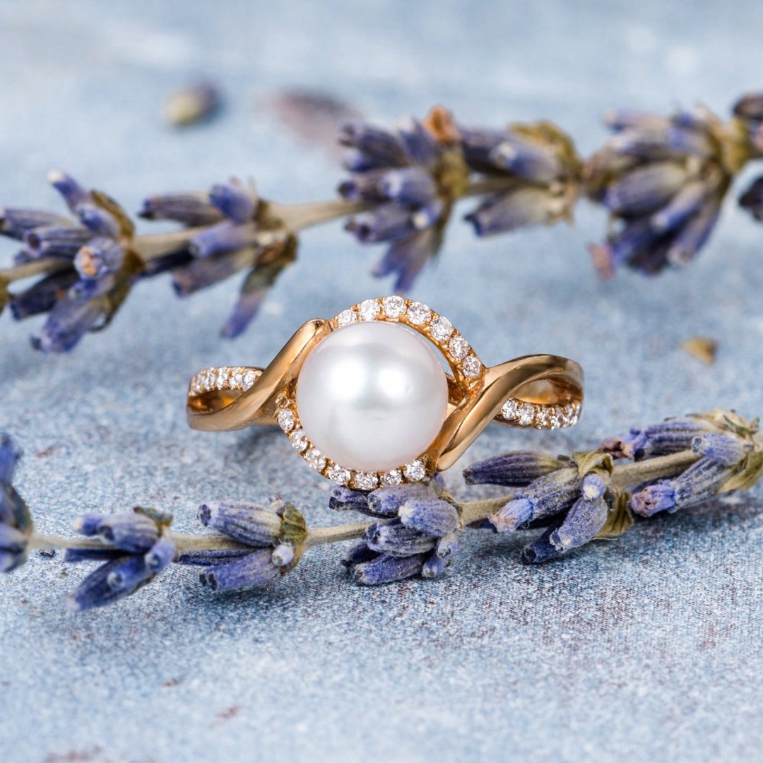 Unique Akoya Pearl Engagement Ring 7mm Natural Seawater Pearl Ring