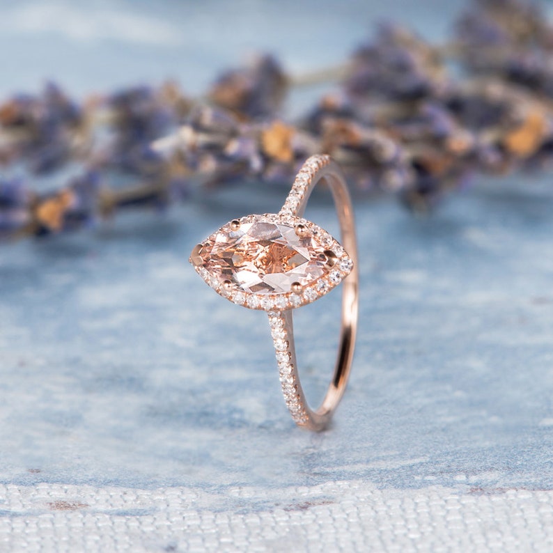 Marquise Morganite Engagement Ring Rose Gold Ring Halo Bridal | Etsy