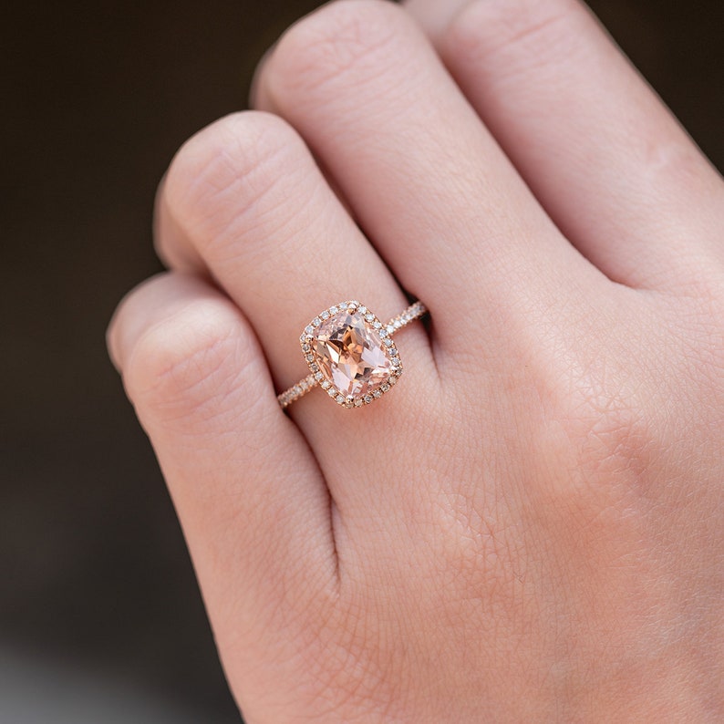 Elongated Cushion Cut Morganite Engagement Ring Rose Gold Engagement Ring Women Peachy Morganite Ring Diamond Full Eternity Gifts For Her image 6