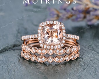 Morganite Ring Rose Gold Engagement Ring Antique Wedding Band Women Bridal Set Diamond Retro Cushion Cut Halo Anniversary Gifts For Her 3pcs