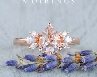 Natural Morganite Ring Rose Gold Morganite Engagement Ring 6x8mm Vintage Morganite Ring Anniversary Jewelry Gift Art Deco Unique Bridal Ring