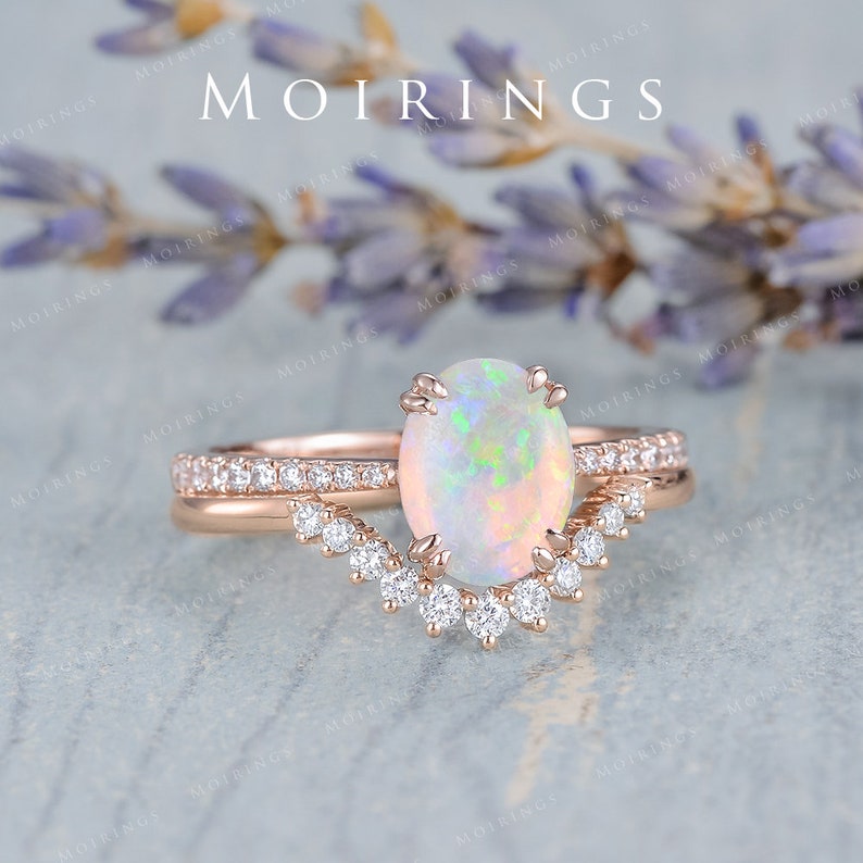 2ct Natural Opal Ring Set Rose Gold Oval Cabochon Opal Ring Chevron Diamond Band Birthstone Australia White Opal Solitaire Ring Set 2pcs image 7