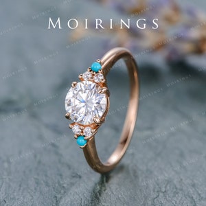 1ct Moissanite Engagement Ring Rose Gold Diamond Turquoise Mixed Solitaire Ring Cluster Wedding Ring Art Deco Anniversary Women Ring Promise