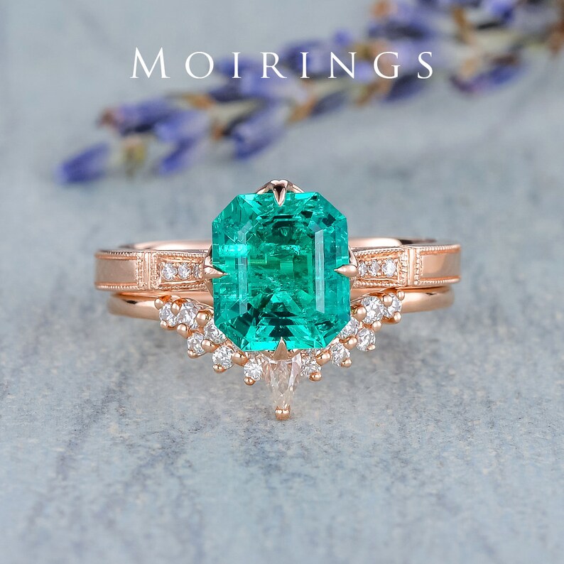 Lab Emerald Engagement Ring Set Simulated Emerald Antique Etsy