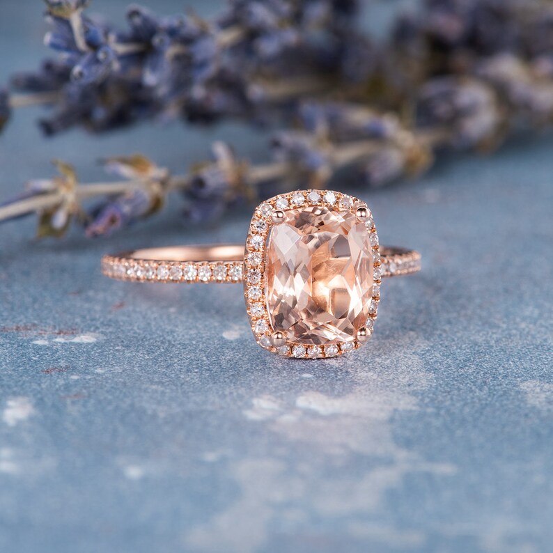 Elongated Cushion Cut Morganite Engagement Ring Rose Gold Engagement Ring Women Peachy Morganite Ring Diamond Full Eternity Gifts For Her image 2