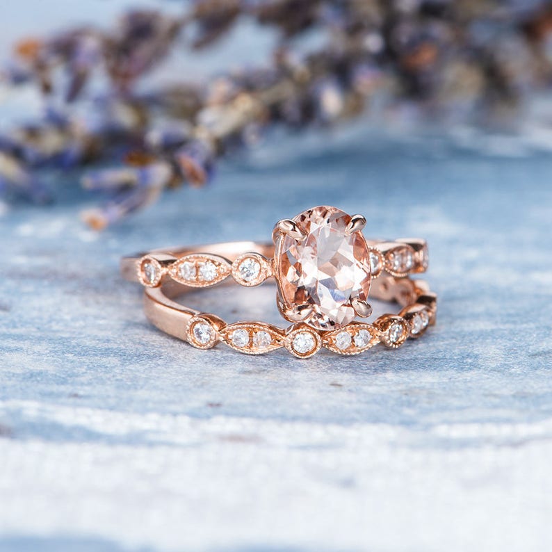 Rose Gold Engagement Ring Oval Cut Morganite Bridal Set Halo - Etsy