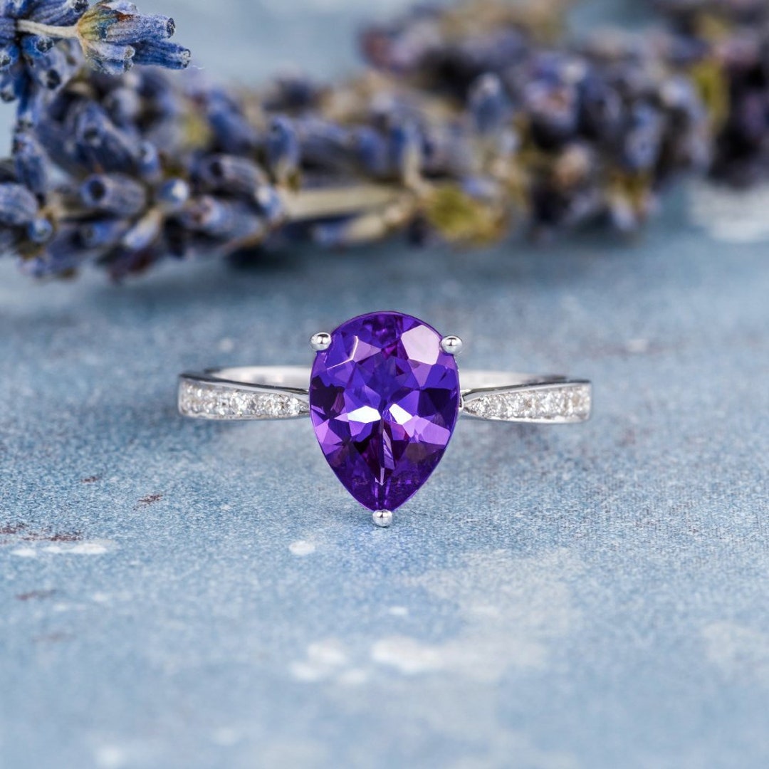 Pear Shaped Amethyst Engagement Ring Solitaire Ring Unique White Gold ...